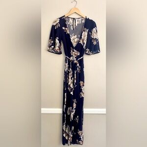 Navy Floral Jumpsuit with Tie and Pockets